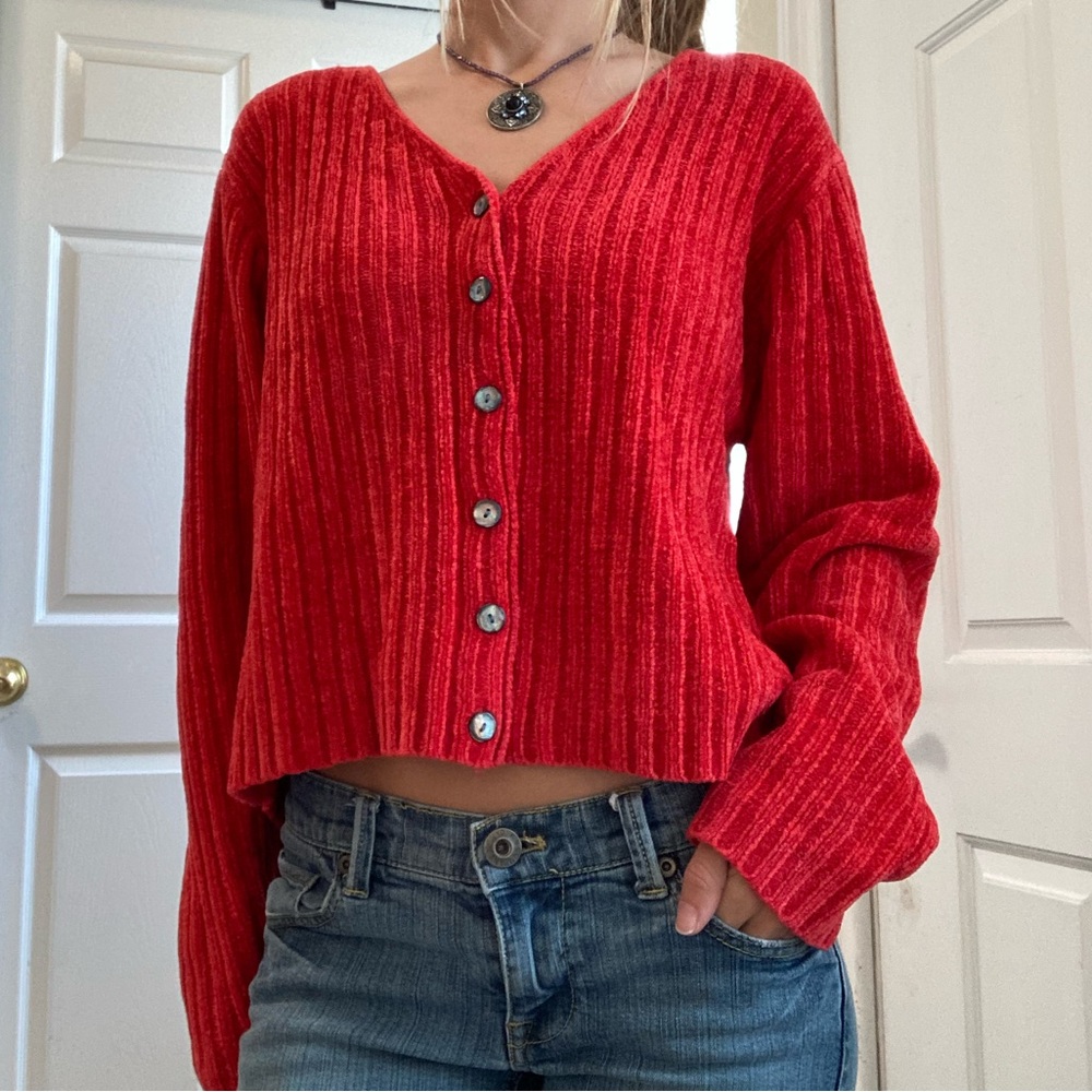 Moda Intl VTG chenille button up ribbed cropped sweater cozycore soft girl